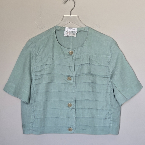 MaxMara Pleated 100% Linen Short Sleeve Cropped Top in Sage Green Italy Size 14 - Picture 1 of 7